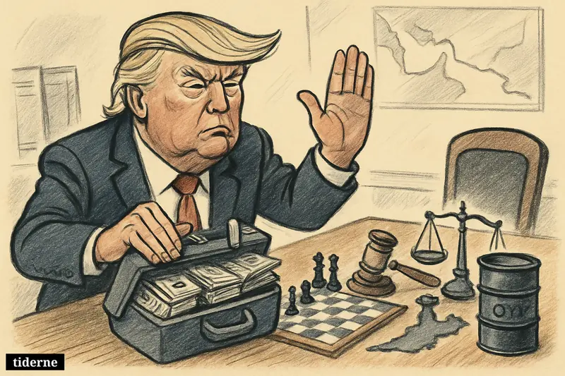 Caricature of Donald Trump stopping negotiations while shutting a cash briefcase at a table with sanction, oil, and diplomacy symbols.