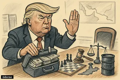 Caricature of Donald Trump stopping negotiations while shutting a cash briefcase at a table with sanction, oil, and diplomacy symbols.