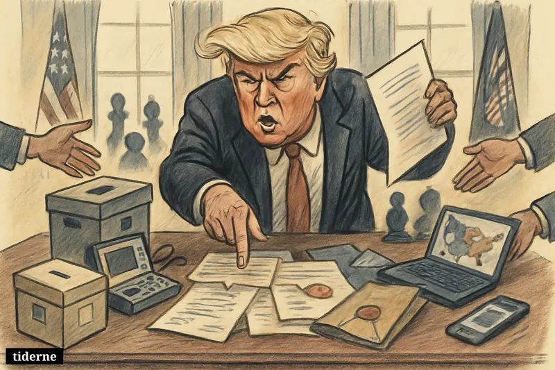 Donald Trump caricature in the Oval Office points at opened intelligence files and election devices, suggesting declassification and warnings about voting vulnerabilities. (AI-genereret illustration)