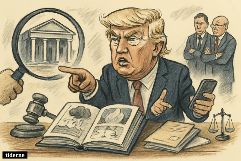 Donald Trump points angrily at scientific climate manuals on a desk while holding a phone, with courtroom symbols and an academy building under scrutiny behind him. (AI-genereret illustration)