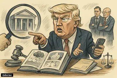 Donald Trump points angrily at scientific climate manuals on a desk while holding a phone, with courtroom symbols and an academy building under scrutiny behind him. (AI-genereret illustration)