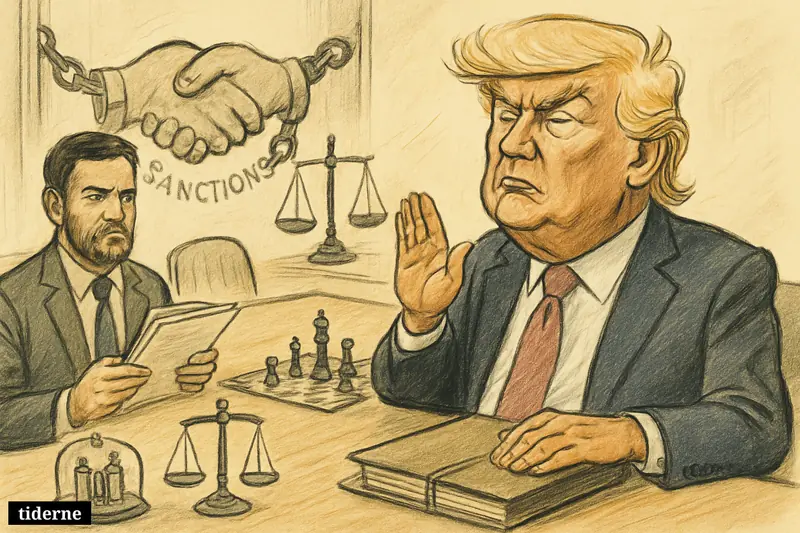 Trump slows nuclear negotiations at a meeting table while JD Vance watches, surrounded by deal folders, chess pieces, scales, and Iran-themed nuclear symbols.