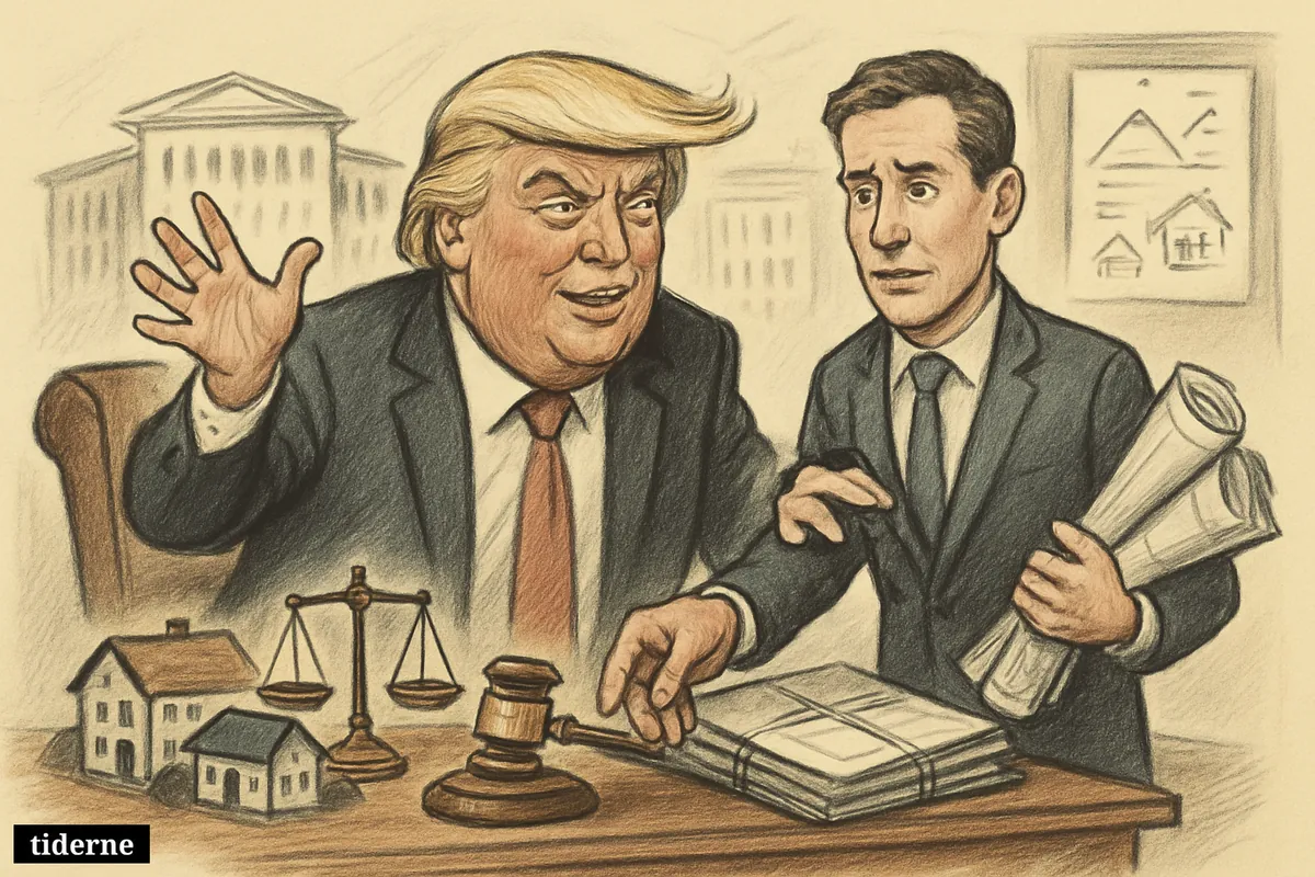 Donald Trump presents William Pulte in a government office, surrounded by intelligence folders, legal symbols, and miniature houses tied to housing finance.