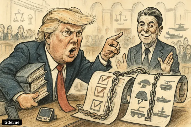 Trump in Congress chains election rules to military spending while Reagan watches, with lawmakers, budget papers, and media props around them.