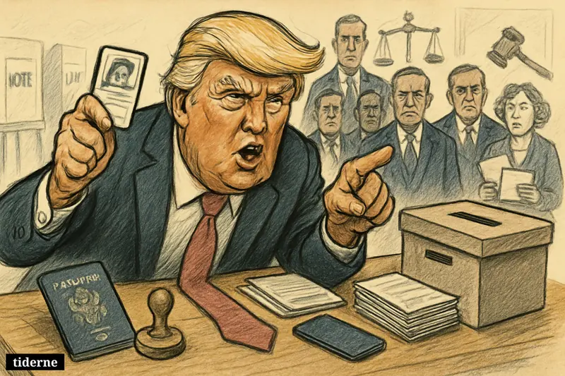 Donald Trump caricature at a polling table, brandishing an ID card while mail ballots and citizenship documents sit beside a ballot box.