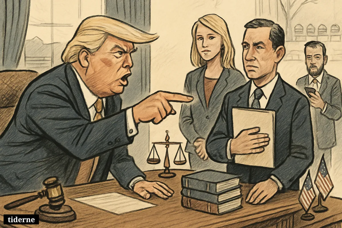 Trump presents Todd Blanche in the Oval Office, with justice props, Pam Bondi, Dan Scavino, and subtle Senate confirmation imagery behind them.