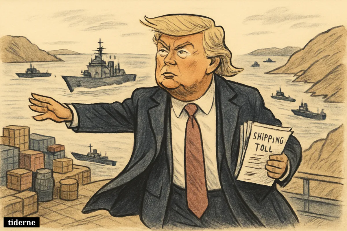 Caricature of Donald Trump on a naval deck, commanding cargo ships and tankers through the Strait of Hormuz under U.S. blockade. (AI-genereret illustration)