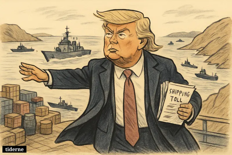 Caricature of Donald Trump on a naval deck, commanding cargo ships and tankers through the Strait of Hormuz under U.S. blockade. (AI-genereret illustration)