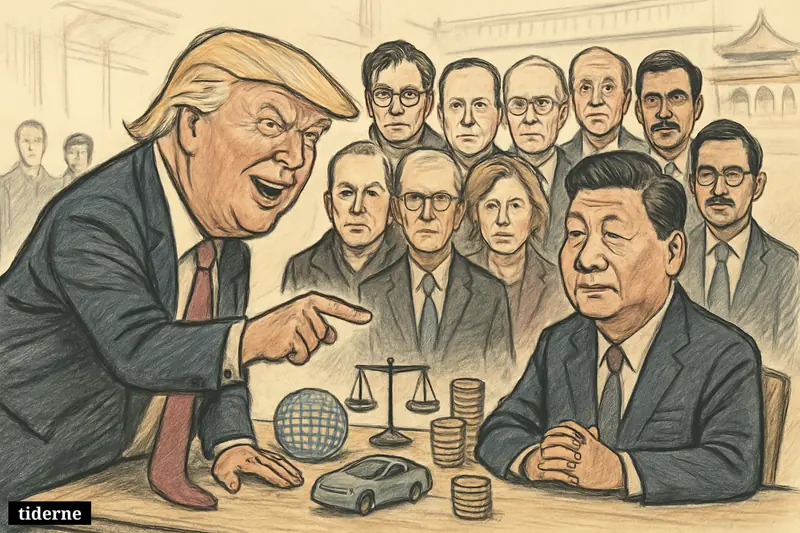 Trump confronts Xi across a Beijing meeting table, backed by a row of American tech and finance CEOs and trade-themed props.