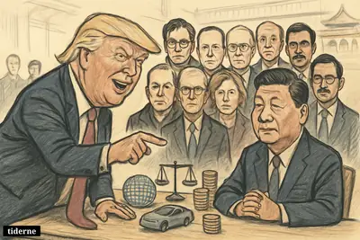 Trump confronts Xi across a Beijing meeting table, backed by a row of American tech and finance CEOs and trade-themed props.