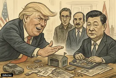 Trump confronts Xi across a table crowded with chips, locks, and factory models, while three tech CEOs watch in a Beijing meeting hall.