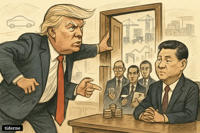 Trump confronts Xi across a table in Beijing beside a partly open gate, while global executives wait behind with industry symbols.