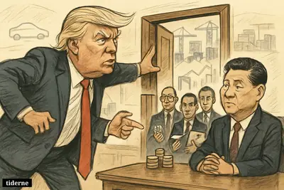 Trump confronts Xi across a table in Beijing beside a partly open gate, while global executives wait behind with industry symbols.
