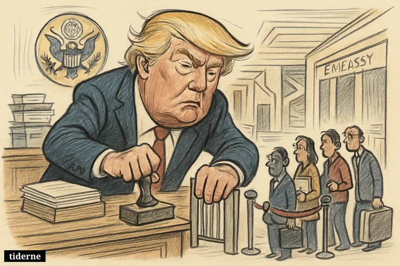 Donald Trump at a government desk blocks anxious immigration applicants with forms, barriers, and a closing path to permanent residency.