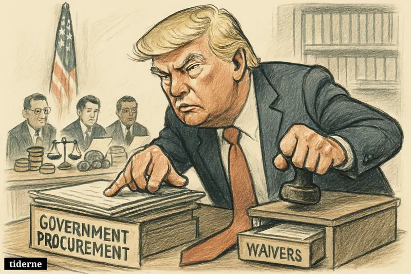 Donald Trump caricature stamps procurement papers while officials handle contracts in a federal office with legal and economic symbols around them.