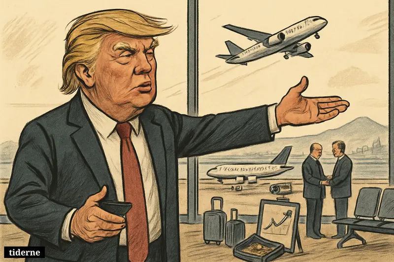Caricature of Donald Trump at an airport presenting a jet bound for Lebanon, with travel and economic symbols around him. (AI-genereret illustration)