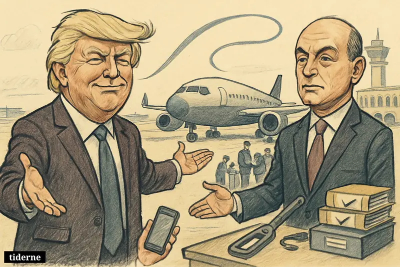 Caricatures of Donald Trump and Joseph Aoun on an airport tarmac, presenting a passenger jet as officials inspect security and approvals. (AI-genereret illustration)