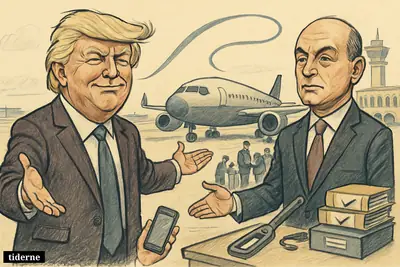 Caricatures of Donald Trump and Joseph Aoun on an airport tarmac, presenting a passenger jet as officials inspect security and approvals. (AI-genereret illustration)