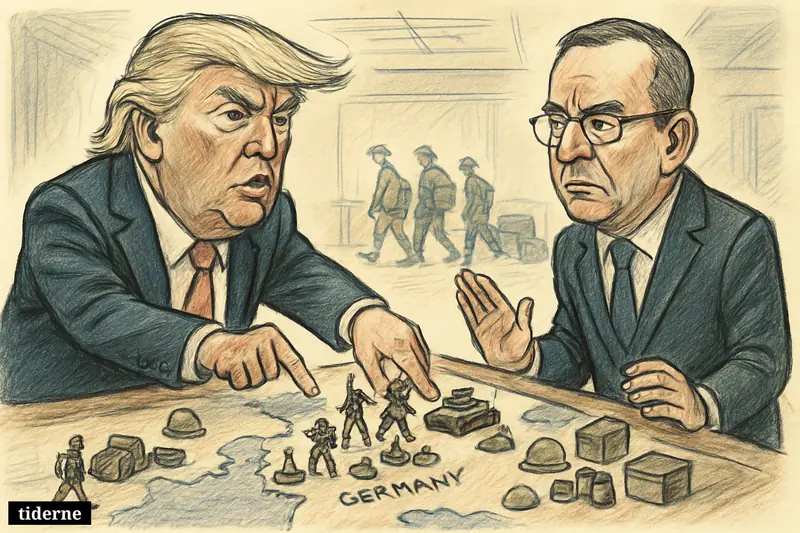 Donald Trump pushes miniature U.S. troops off a Europe map while Boris Pistorius reacts anxiously in a tense military withdrawal scene.