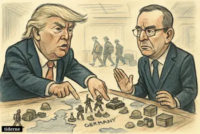 Donald Trump pushes miniature U.S. troops off a Europe map while Boris Pistorius reacts anxiously in a tense military withdrawal scene.