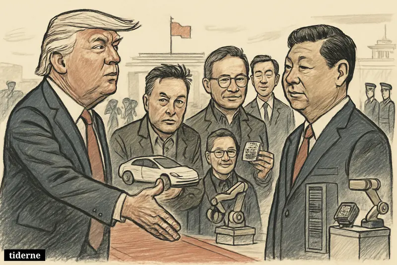 Trump and Xi meet on a Beijing ceremonial platform, flanked by Musk, Jensen Huang, Eric Trump, and formal state-visit pageantry with tech props.