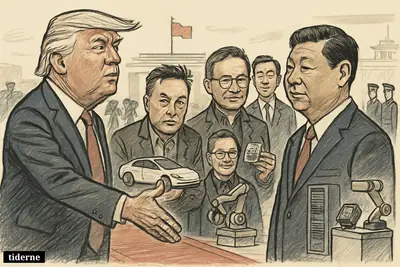 Trump and Xi meet on a Beijing ceremonial platform, flanked by Musk, Jensen Huang, Eric Trump, and formal state-visit pageantry with tech props.