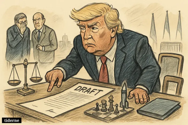 Caricature of Donald Trump looming over a thin draft at a negotiation table, surrounded by diplomatic and military tension symbols.