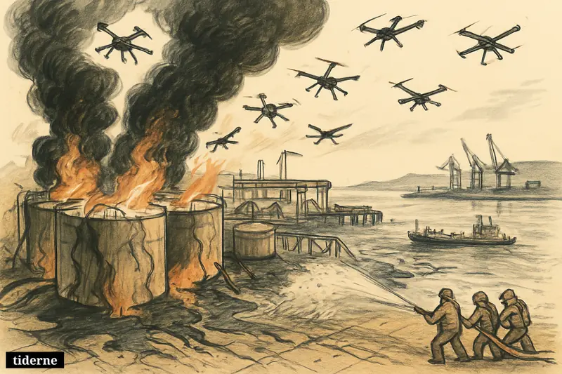 Burning fuel tanks at Tuapse refinery after drone strikes, with smoke, oil spreading toward the Black Sea, damaged port equipment, and overwhelmed responders.