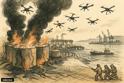 Burning fuel tanks at Tuapse refinery after drone strikes, with smoke, oil spreading toward the Black Sea, damaged port equipment, and overwhelmed responders.