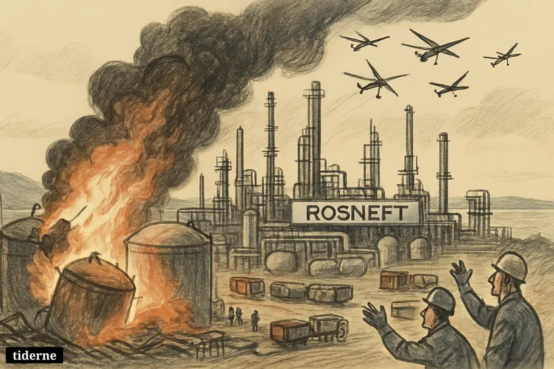 Burning oil tanks at a coastal refinery as drones fly away overhead, with idle fuel transport and emergency crews around the industrial site.