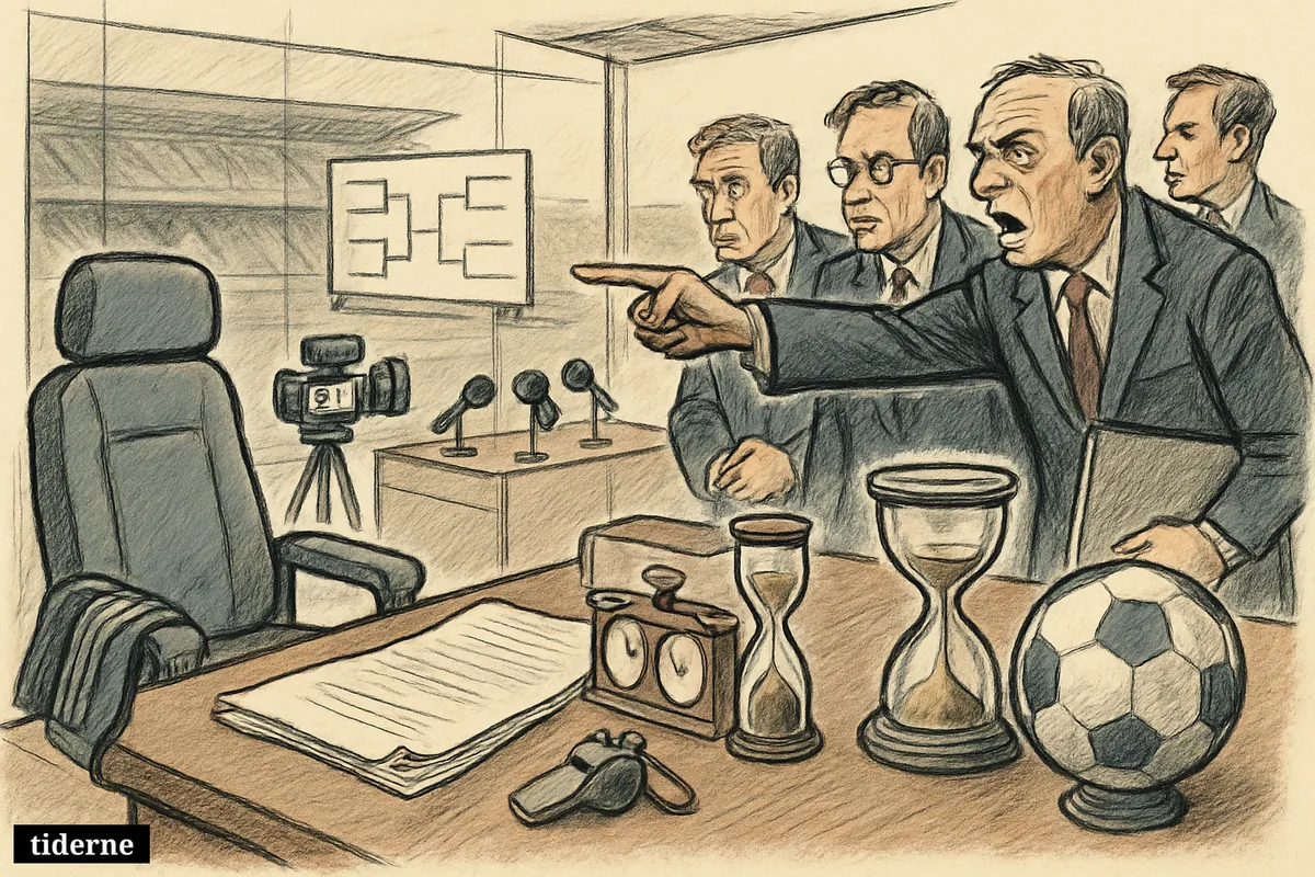 An empty England manager seat, a contract on a boardroom table, media cameras, tense executives, and a looming World Cup bracket by a stadium.