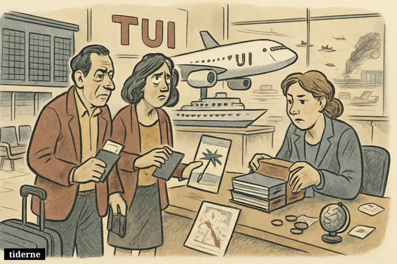 A worried couple hesitates at a TUI travel counter as planes sit grounded and war anxiety disrupts holiday bookings.