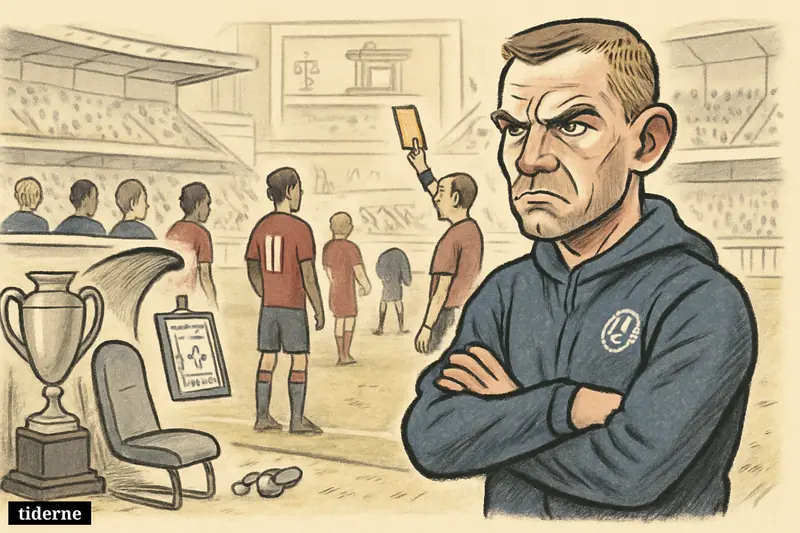 Bo Svensson stands sternly by the sideline beside an empty coach area as a yellow card and cup final tension dominate the stadium scene.