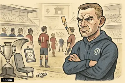 Bo Svensson stands sternly by the sideline beside an empty coach area as a yellow card and cup final tension dominate the stadium scene.