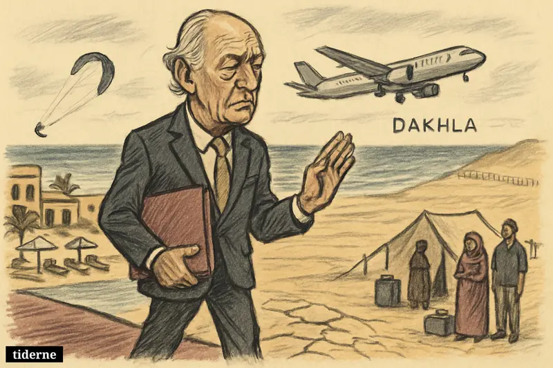 Caricature of Staffan de Mistura on a divided beach beside resorts, plane, Sahrawi civilians, and desert, symbolizing tourism within Western Sahara’s conflict.