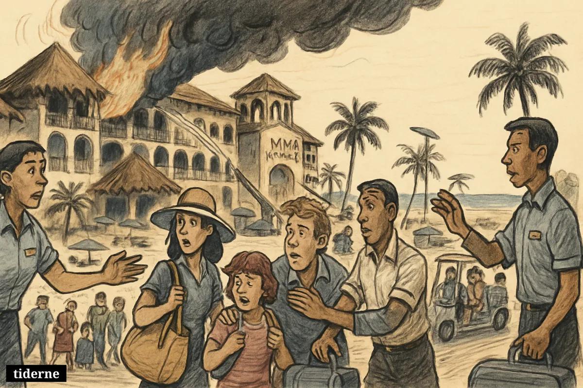 A luxury beach resort burns as staff evacuate frightened guests with luggage while firefighters battle flames near the hotel.