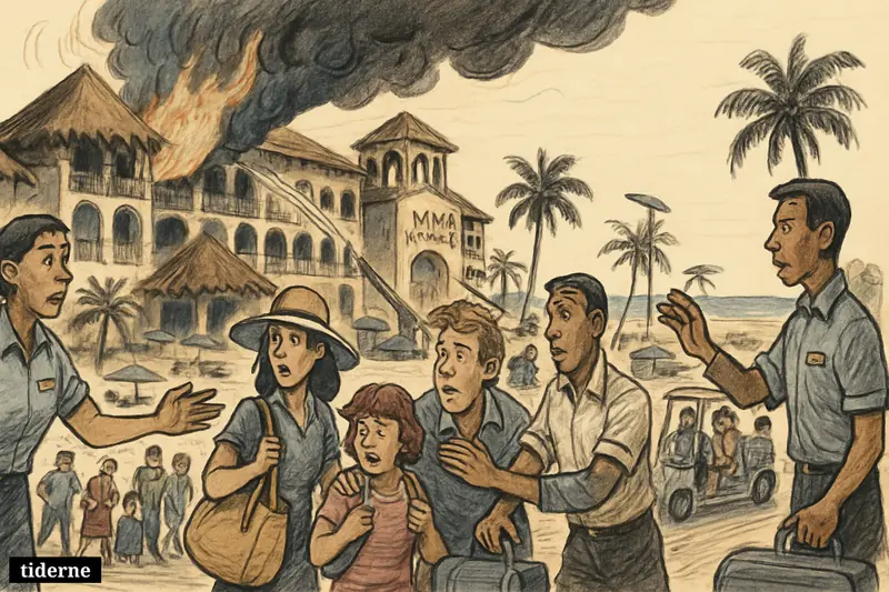 A luxury beach resort burns as staff evacuate frightened guests with luggage while firefighters battle flames near the hotel.