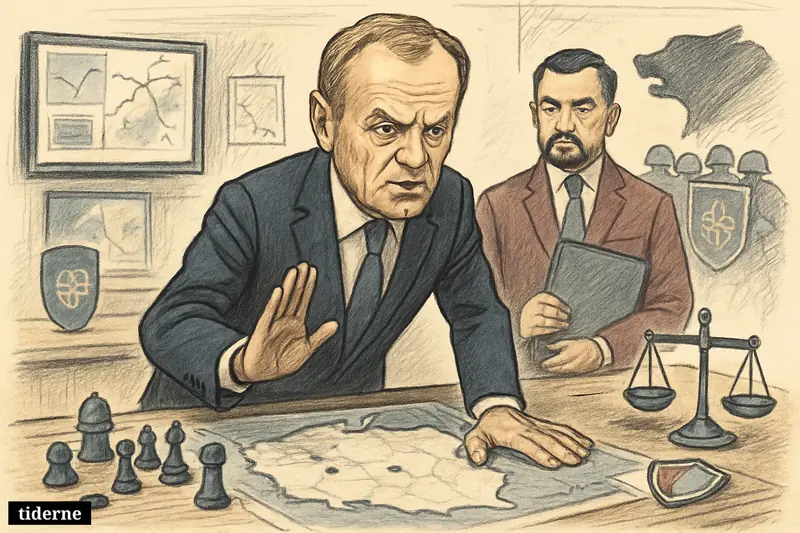 Donald Tusk warns over a war-room table as Karol Nawrocki stands beside him, with maps, chess pieces, and looming eastern threat imagery.