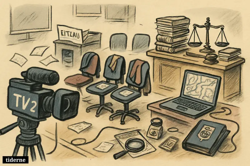 A newsroom caricature scene with TV camera equipment facing legal evidence, hacking clues, and empty journalist chairs in a tense investigation setting.