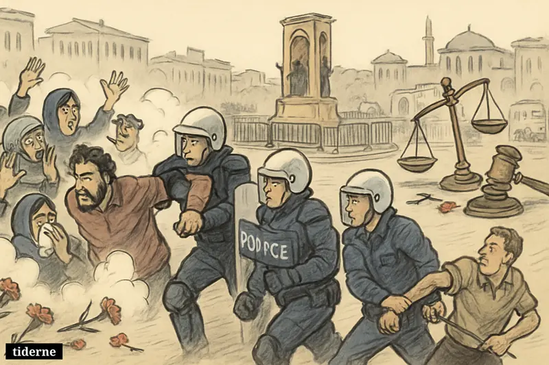 Riot police detain May Day protesters in Taksim Square as tear gas spreads and abandoned judicial symbols lie near barricades.