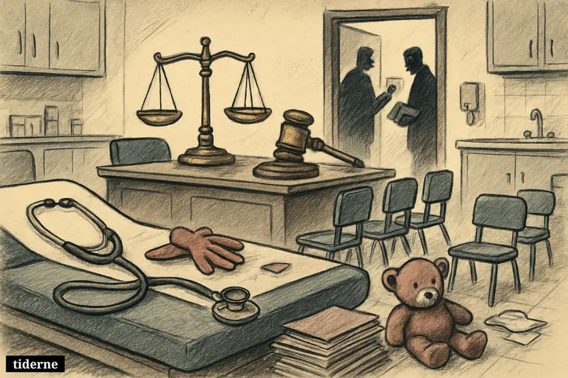 A pediatric exam room merged with courtroom symbols, including an empty exam bed, teddy bear, case files, scales of justice, and investigators.