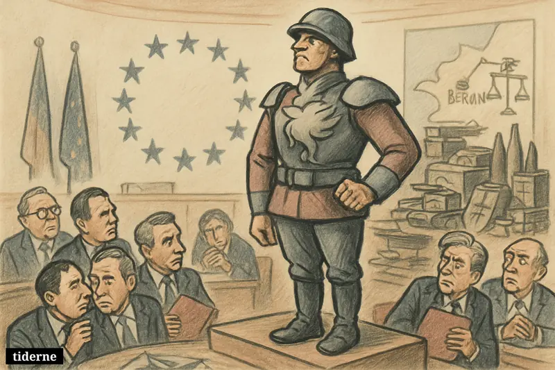 A huge German military figure dominates a European chamber while anxious delegates watch amid weapons, cash, and alliance symbols.