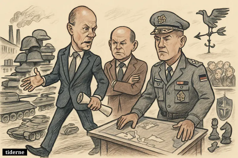 Caricature of Merz, Scholz, and General Breuer amid German rearmament, with weapons, a factory, uneasy Europeans, and wavering American signals.