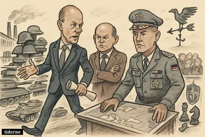 Caricature of Merz, Scholz, and General Breuer amid German rearmament, with weapons, a factory, uneasy Europeans, and wavering American signals.