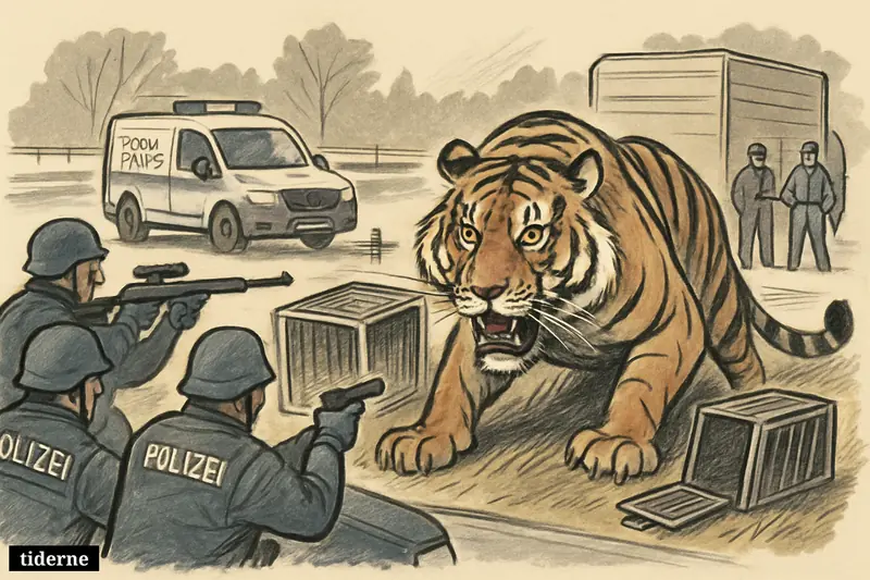 A cornered tiger faces armed German police near an open transport cage while animal welfare workers wait behind with capture gear.
