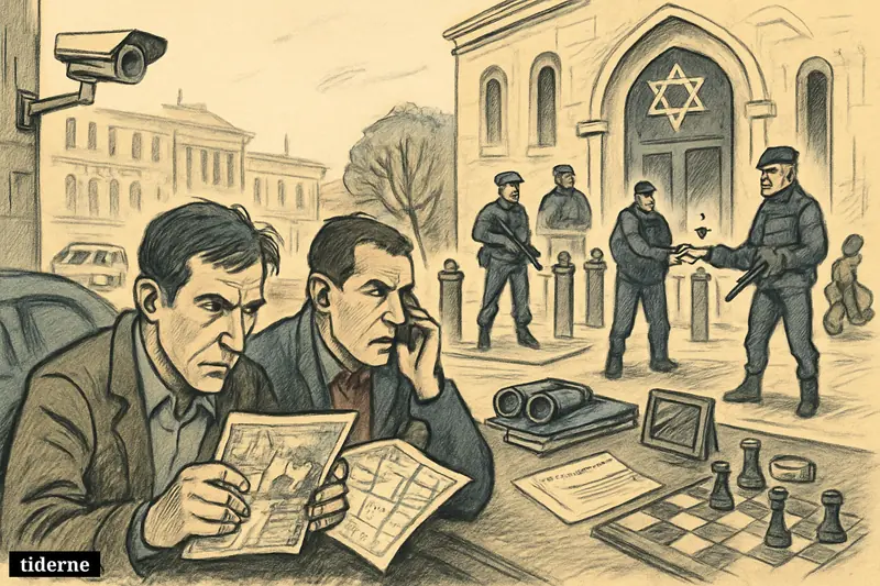 Intelligence agents watch suspected operatives near a heavily guarded Jewish building in a European city street.