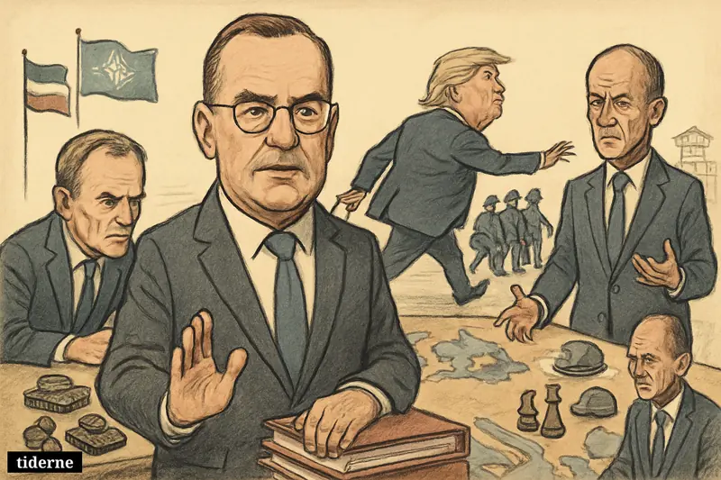 Boris Pistorius stands calmly at a Europe map table as Trump pulls departing soldiers away, while Tusk and Merz react nearby.