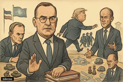 Boris Pistorius stands calmly at a Europe map table as Trump pulls departing soldiers away, while Tusk and Merz react nearby.