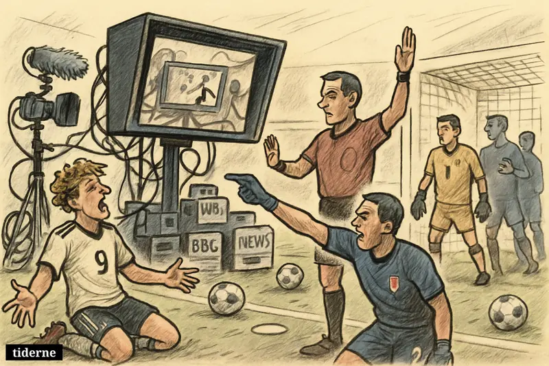 A football stadium scene with players protesting a VAR monitor after a disallowed goal and Paraguay celebrating near the penalty area.