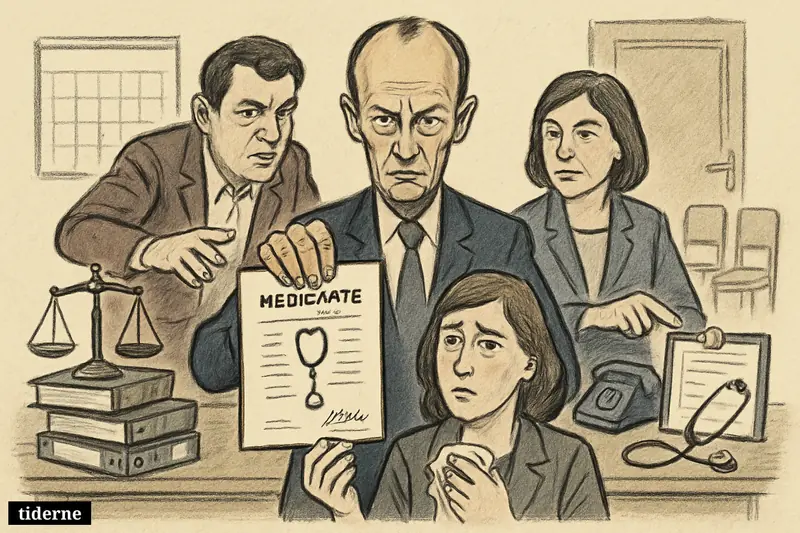 Caricature of Friedrich Merz, Lars Klingbeil, and Bärbel Bas advancing stricter sick-leave rules in a government meeting room.